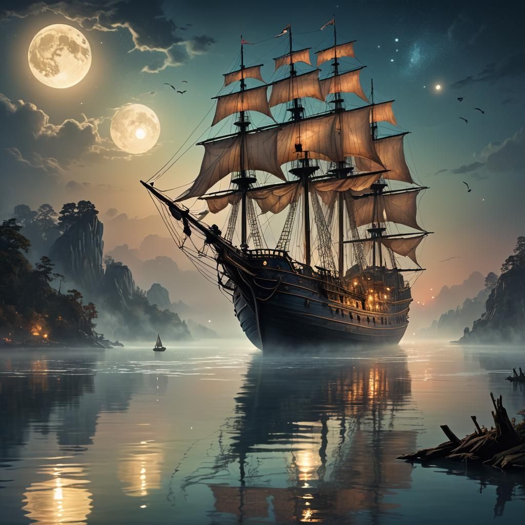 Ghostly Ship Sails Under Moonlight: Ethereal Concept Art