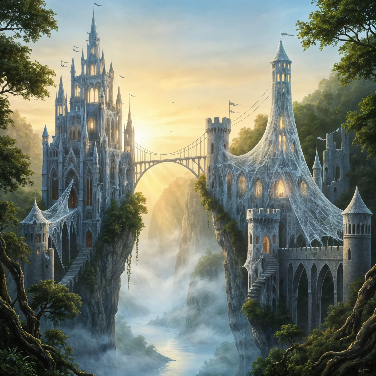 Fantasy Castle of Silver Spider Silk in Misty Gorge
