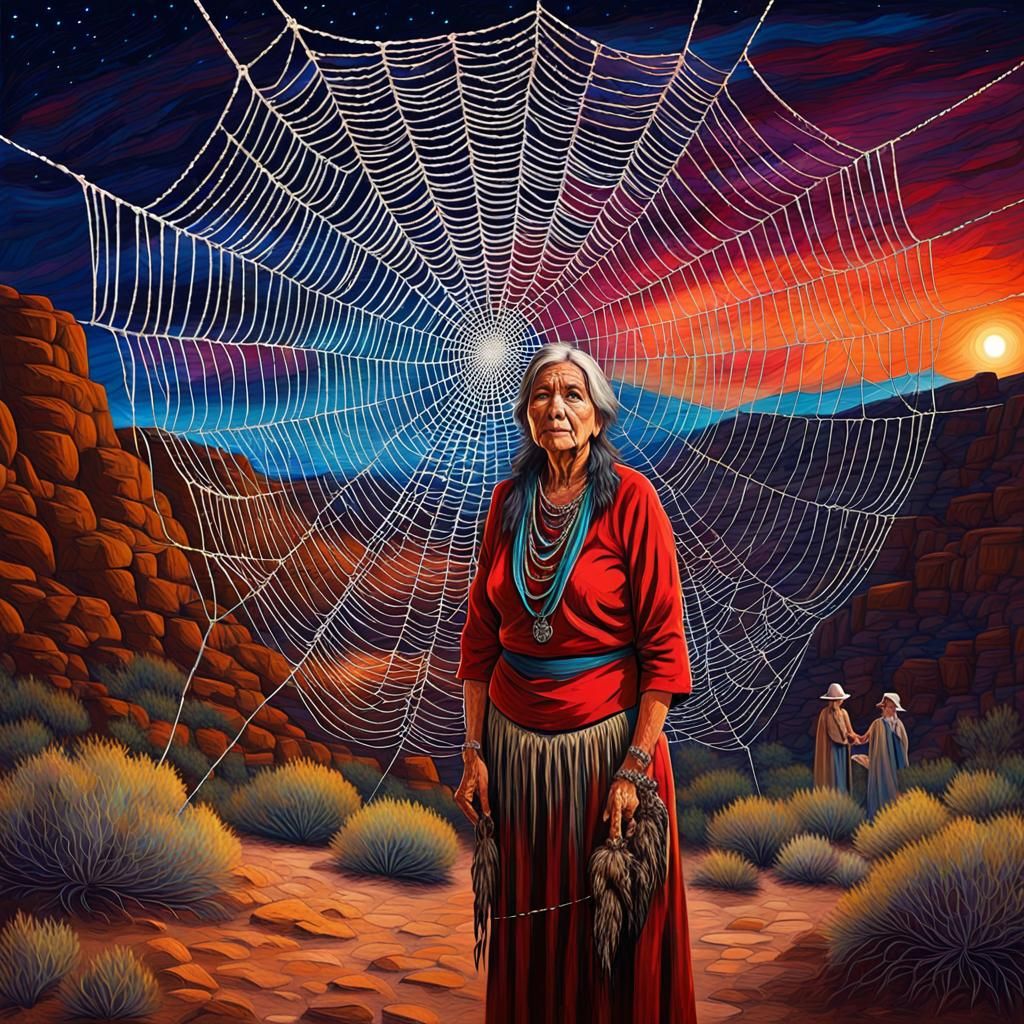 Native American Woman and Spider Web: Impasto Oil Painting