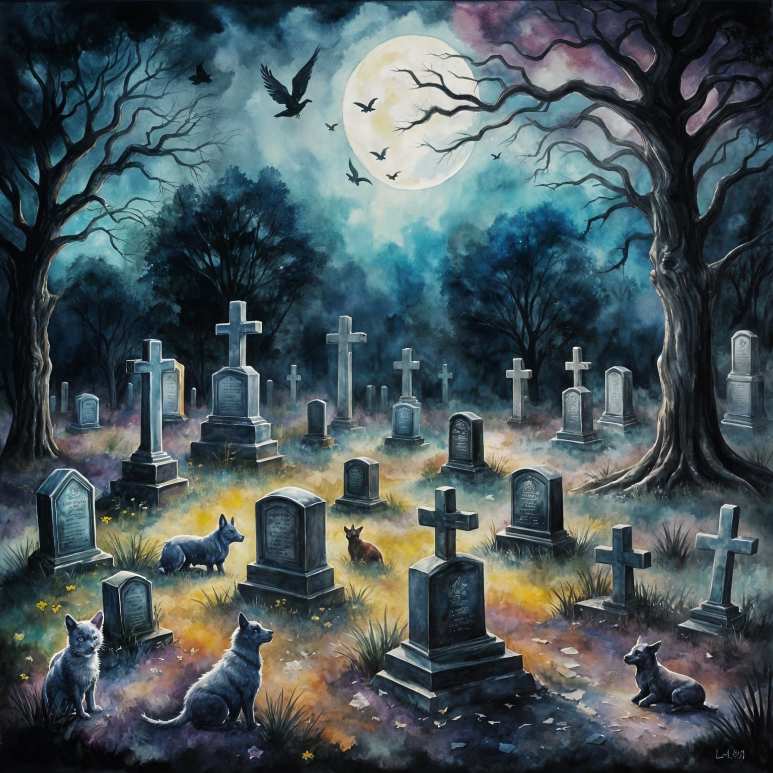 Mysterious Pet Cemetery with Ghostly Figures in Impressionis...