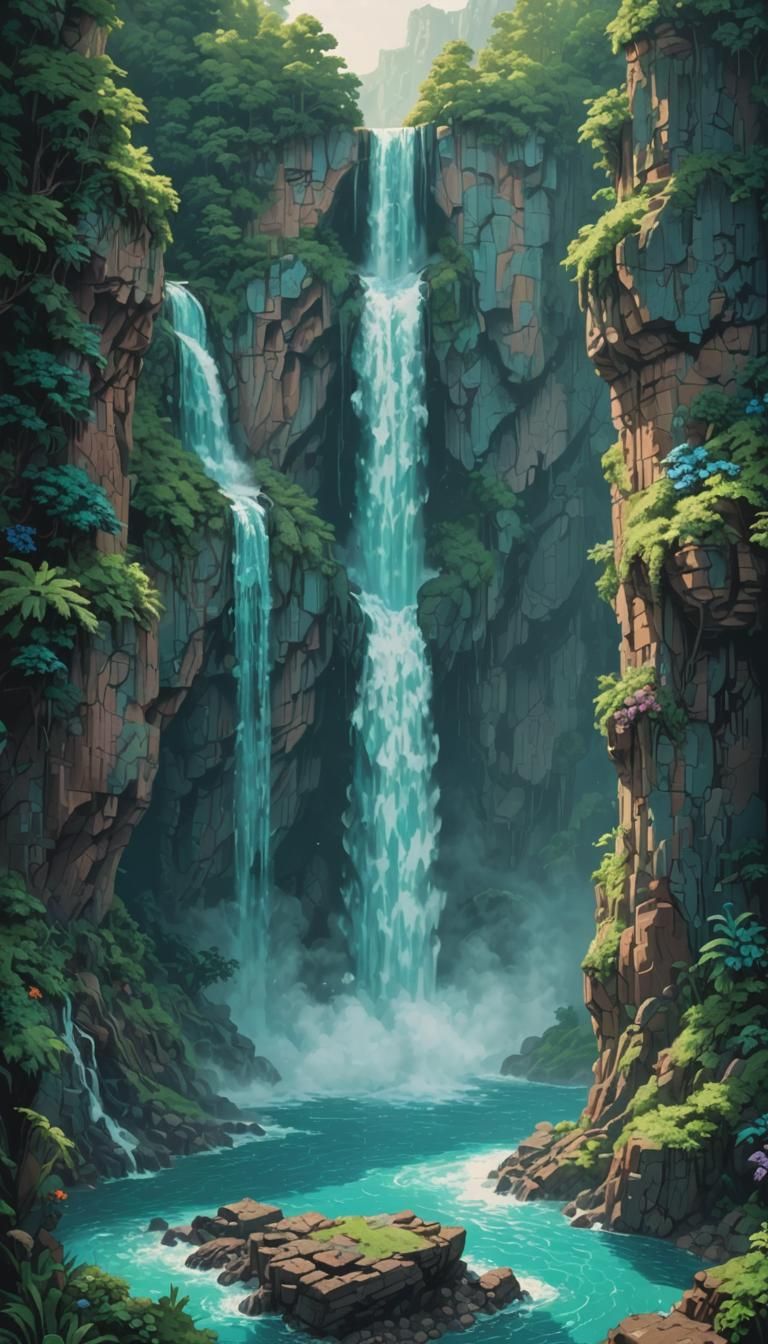 Epic Waterfall Crying Eye in Vibrant Pixel Art