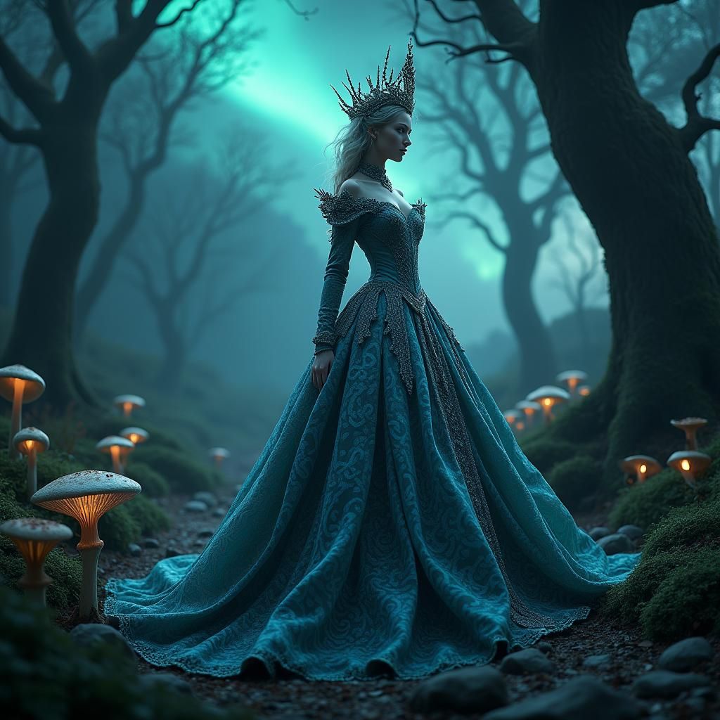 Queen of Light and Dark in Regal Aurora Landscape