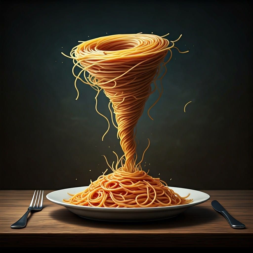 Surreal Spaghetti Tornado on Dinner Plate