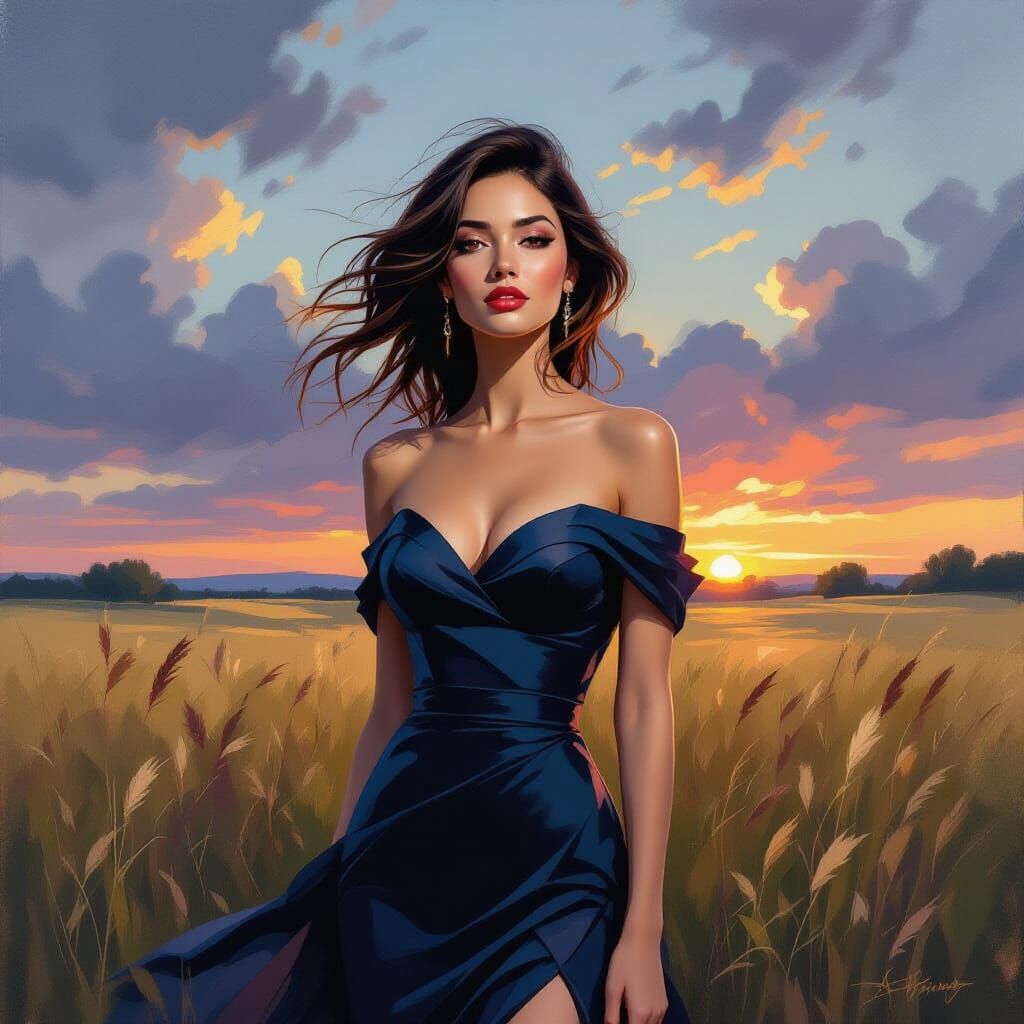 Elegant Woman in Windswept Field: Impasto Oil Painting