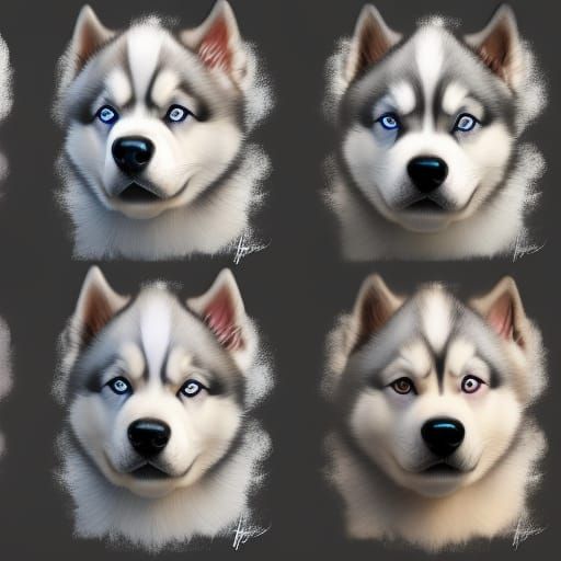 Hyperdetailed Portrait of Five Cute Husky Puppies