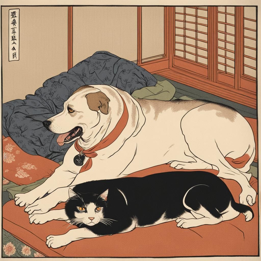 Dog Dominates Settee, Cat's Fury: Ukiyo-e Style
