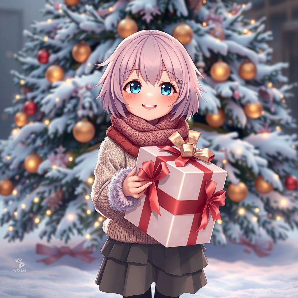 Anime Girl's Festive Gift in a Winter Wonderland