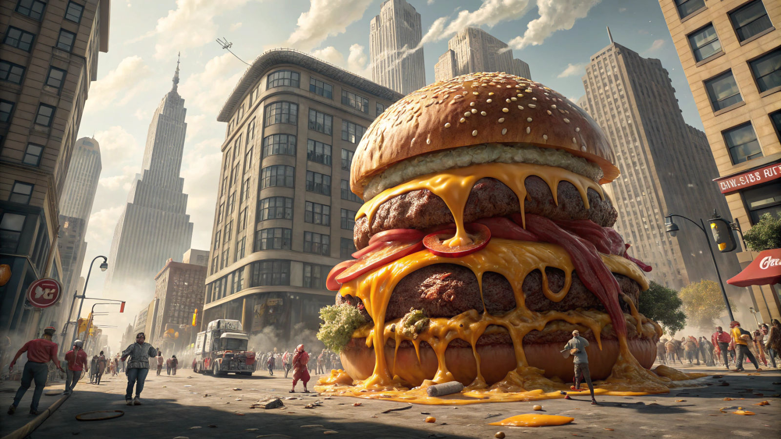 Giant Burger Towers Over Metropolis in Pop Art Style