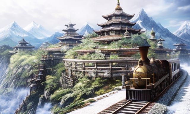 Mountain Train in Dystopian Fantasy Landscape