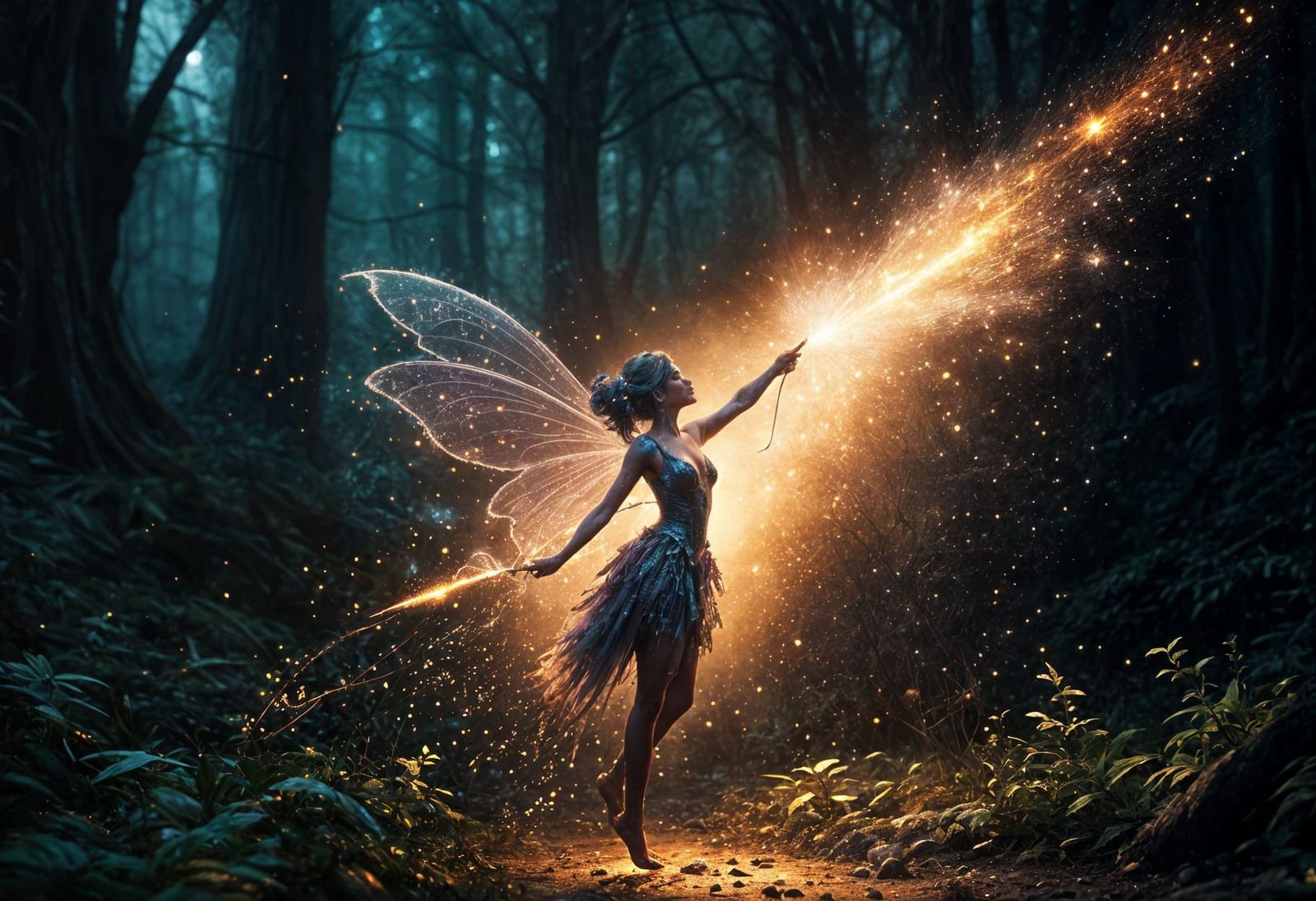 Fairy in Iridescent Forest Glows with Magical Wand