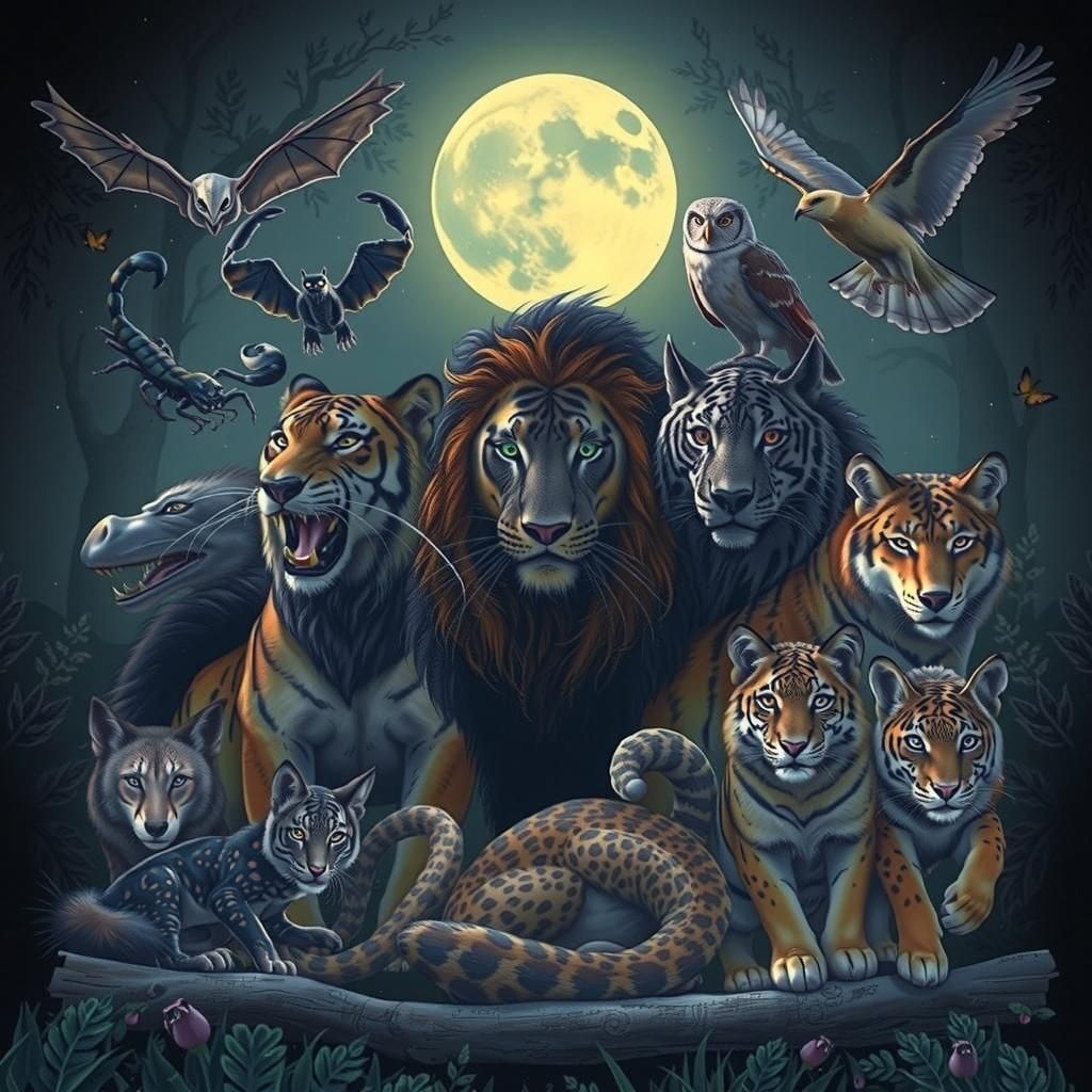 Beautiful, Tiger, lion, bat, coyote, skunk, scorpion, wolf, leopard, fox, owl,  animals of the night in the moon glow
