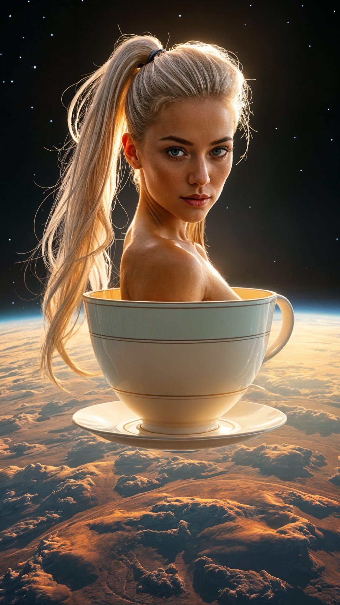 Surrealistic Woman Floating on Celestial Teacup