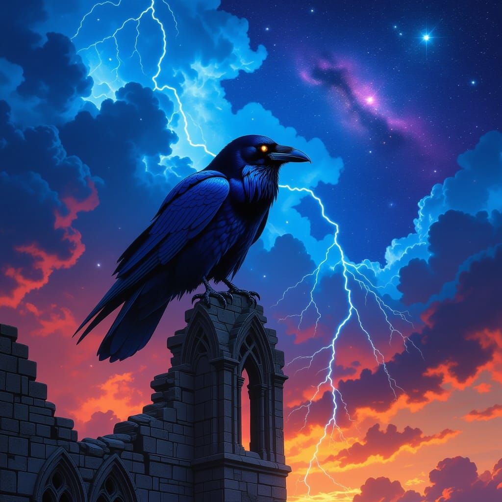Gothic Raven Silhouetted Against Cosmic Nebula Sky