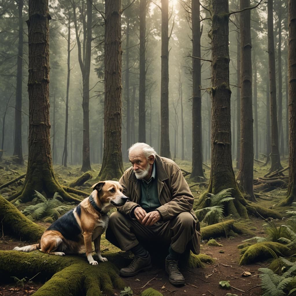 Old Man and Dog in Forest, Matte Painting