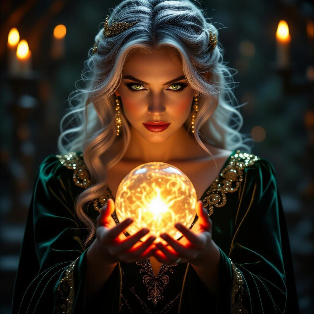 Mysterious Sorceress with Orb in Leonora Carrington Style