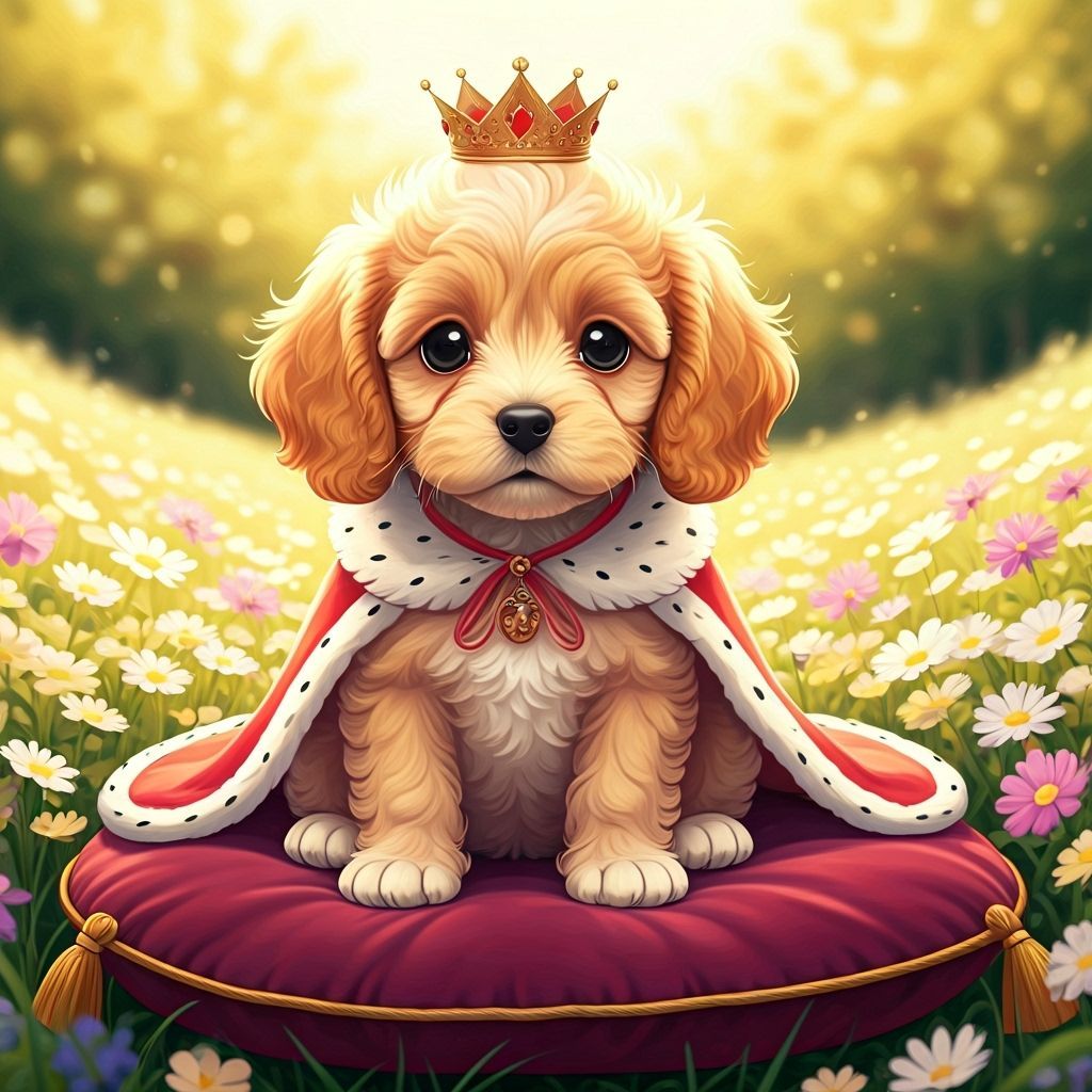 Anime-Style Cockapoo Puppy King in Wildflower Meadow