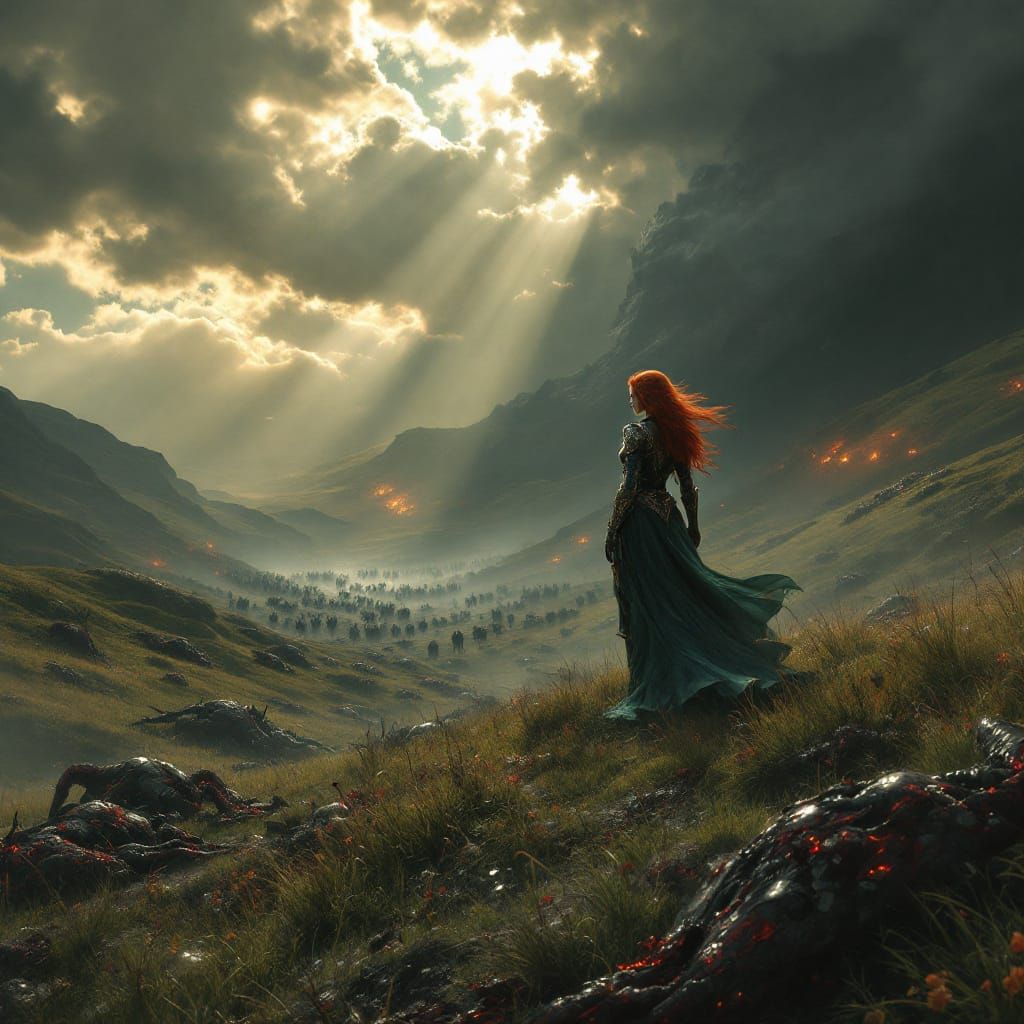 Fierce Warrior Triumphant on Battlefield in Dramatic Light