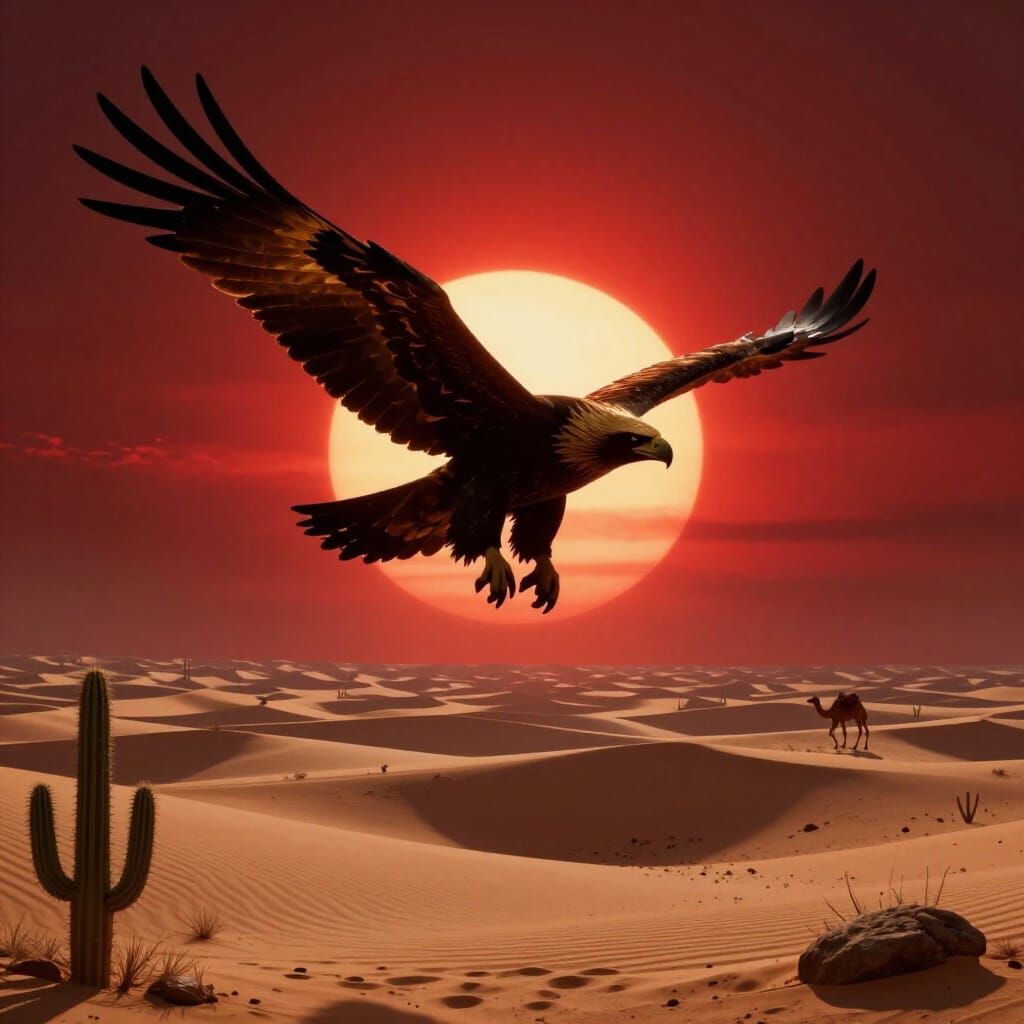 Golden Eagle Soars Over Fiery Desert Sunset