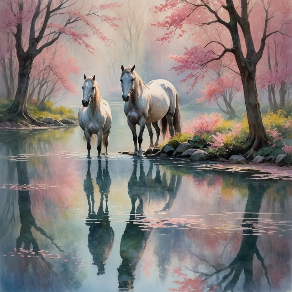 Ethereal Centaur at Pond, Impressionist Watercolor