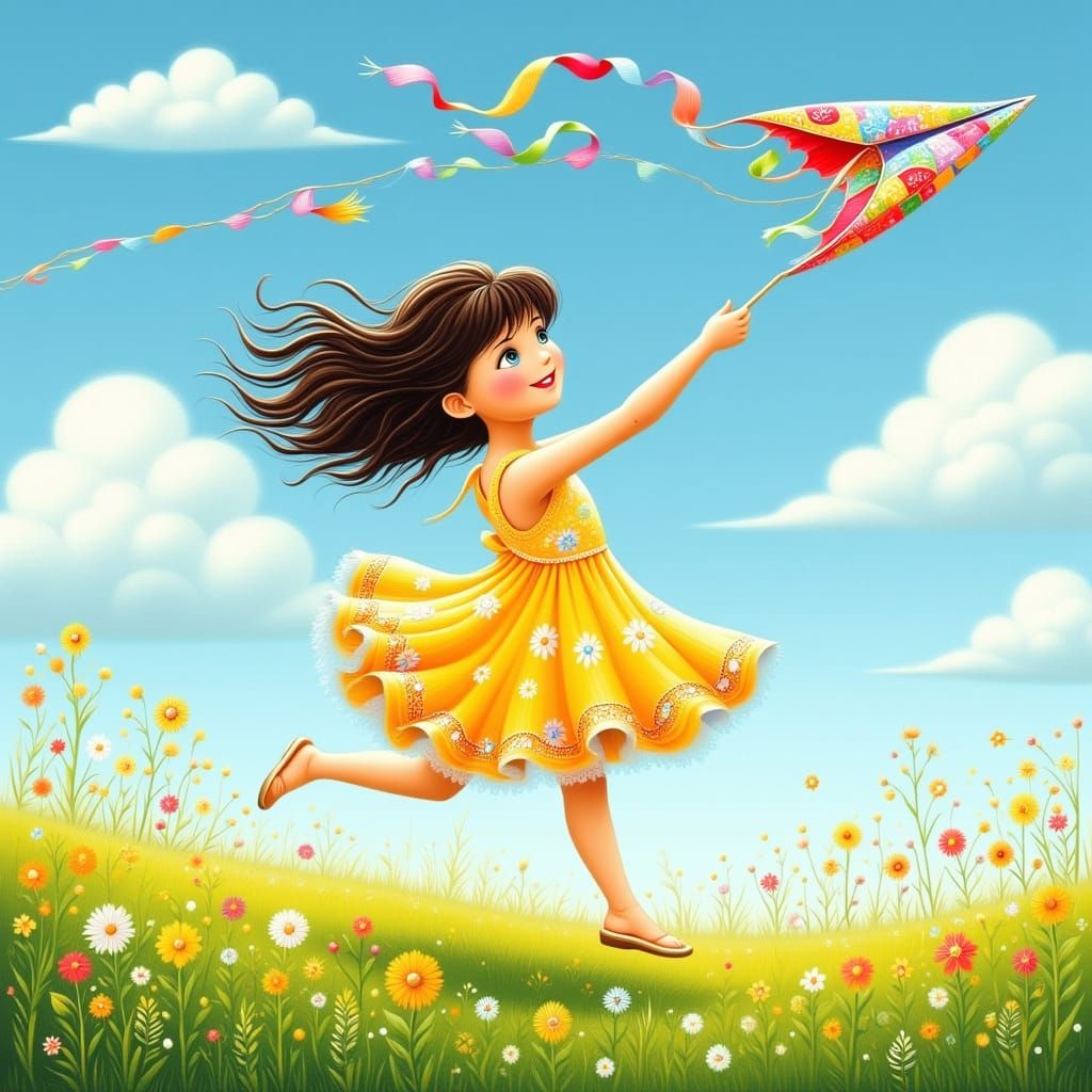 Little Girl Flying a Colorful Kite in a Lush Green Meadow