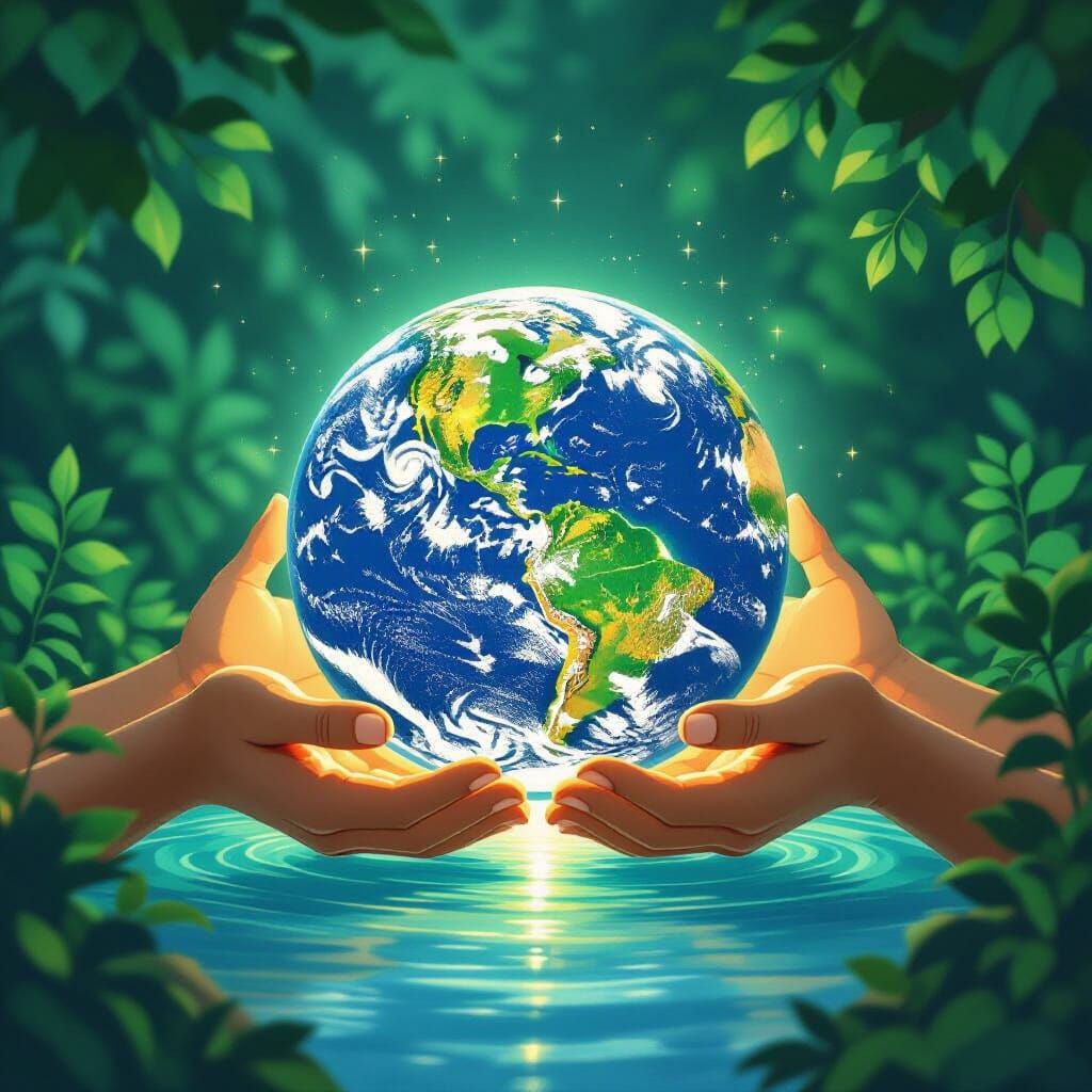 Hands Cradle Glowing Earth in Hopeful Eco-Art
