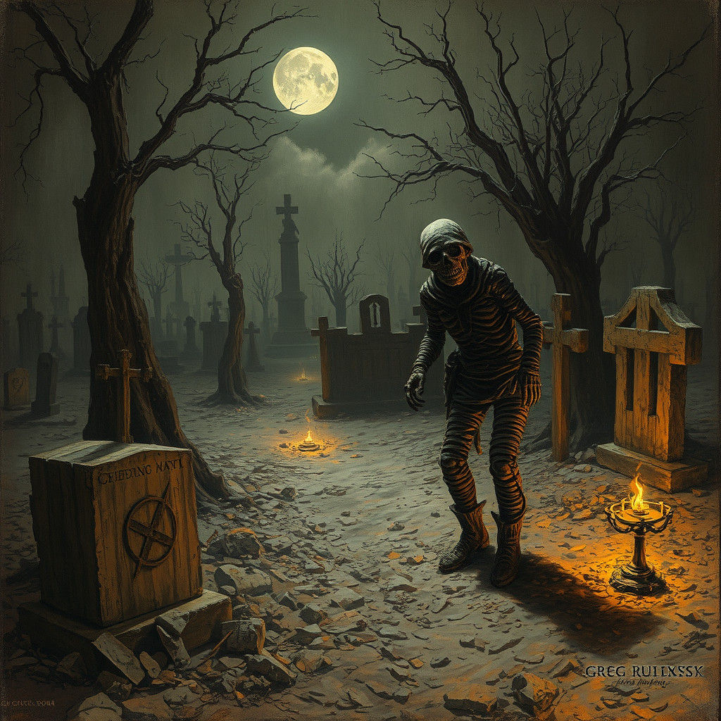 Mummy Haunts Old West Cemetery in Horror Art Style