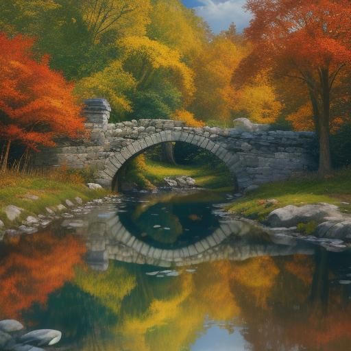 Autumn Forest River Scene with Stone Bridge