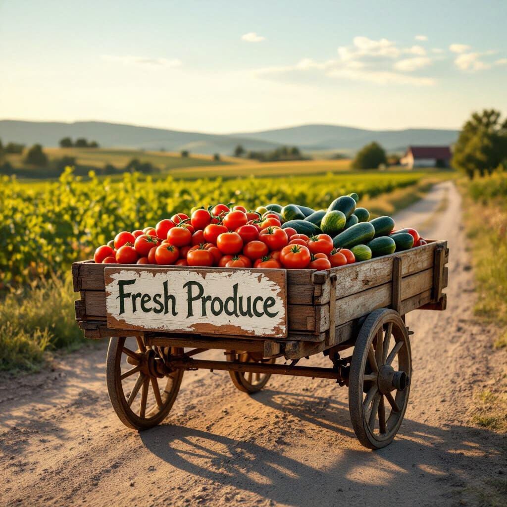 Wooden Cart Overflowing with Fresh Produce
