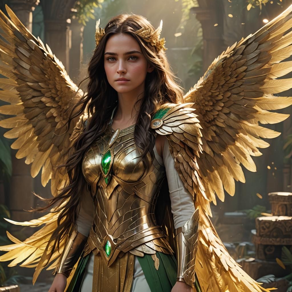 Ethereal Teen Girl with Golden Feathered Wings