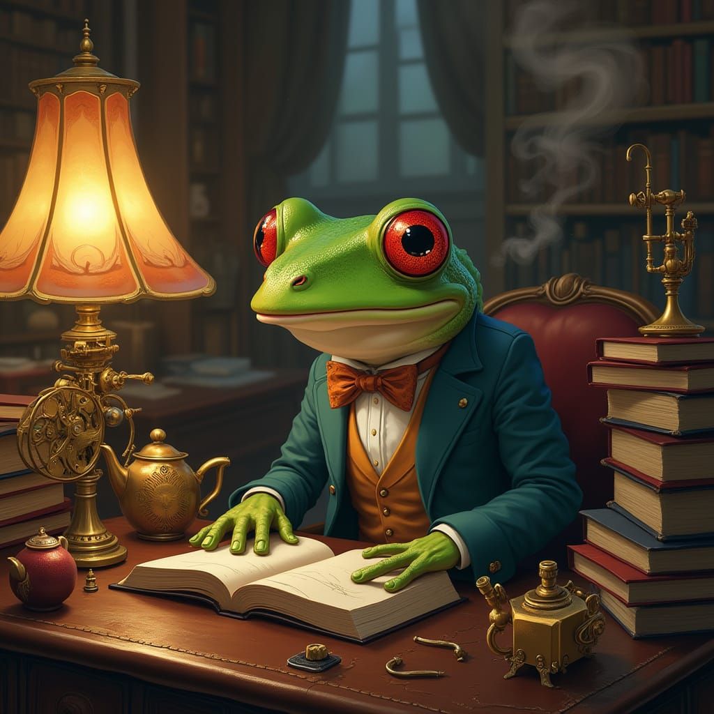 Steampunk Frog Inventor at Mahogany Desk