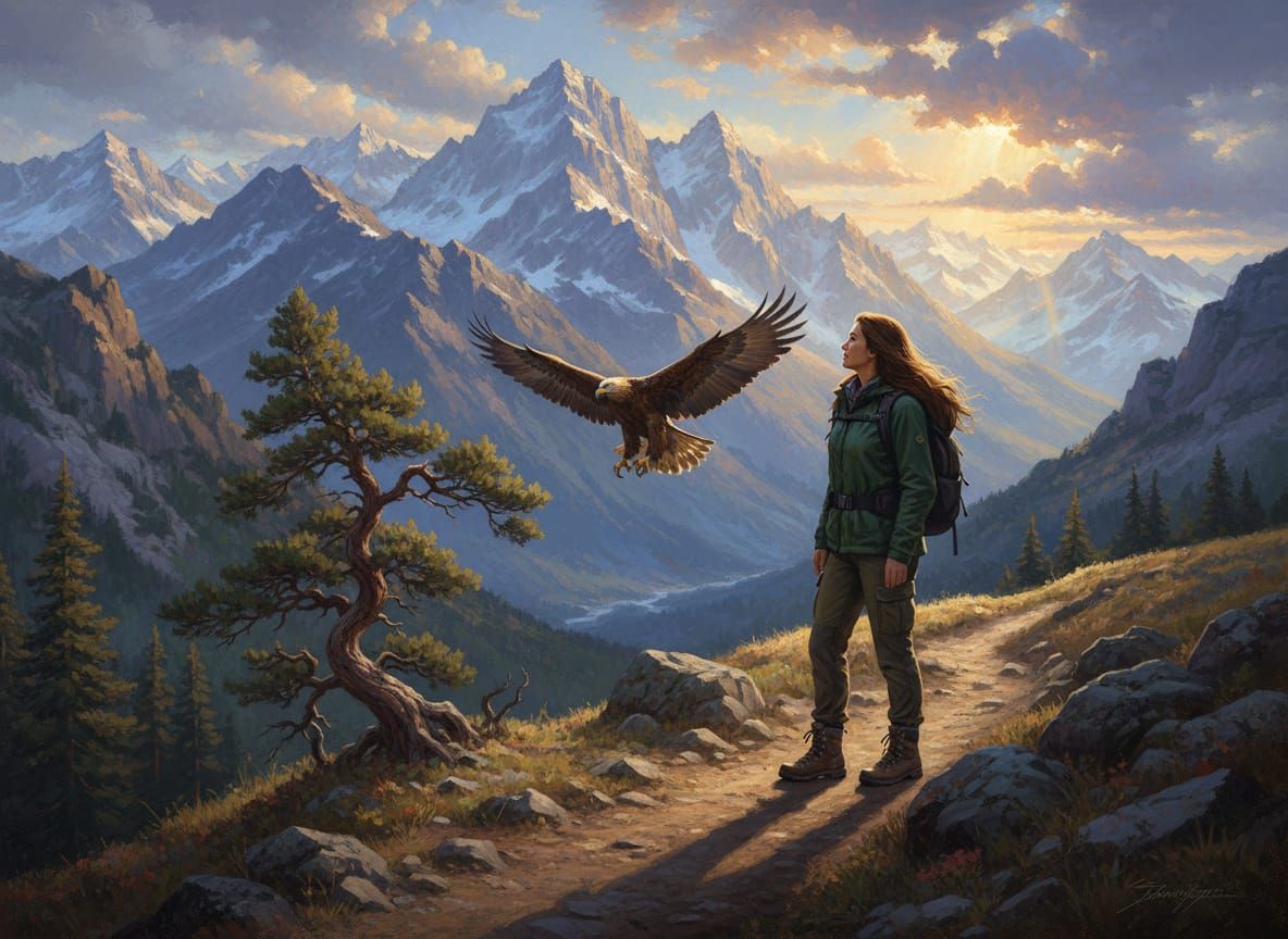 Woman Hiker Gazes at Majestic Mountain Peaks with Soaring Ea...