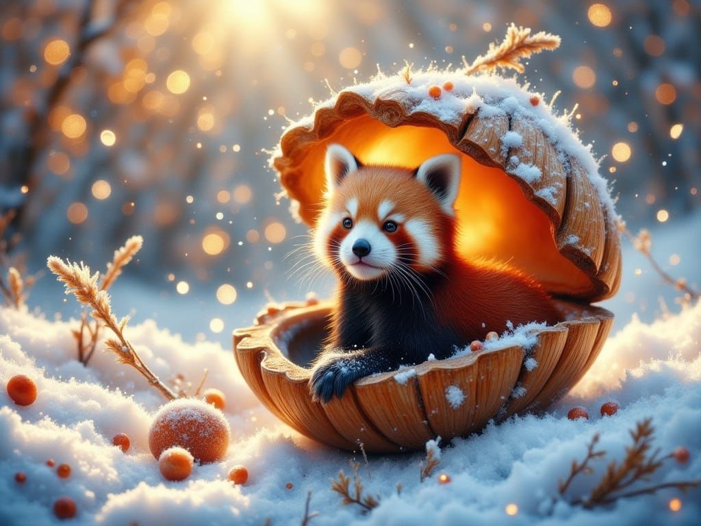 Dreamy Red Panda in Snowy Shell Wonderland