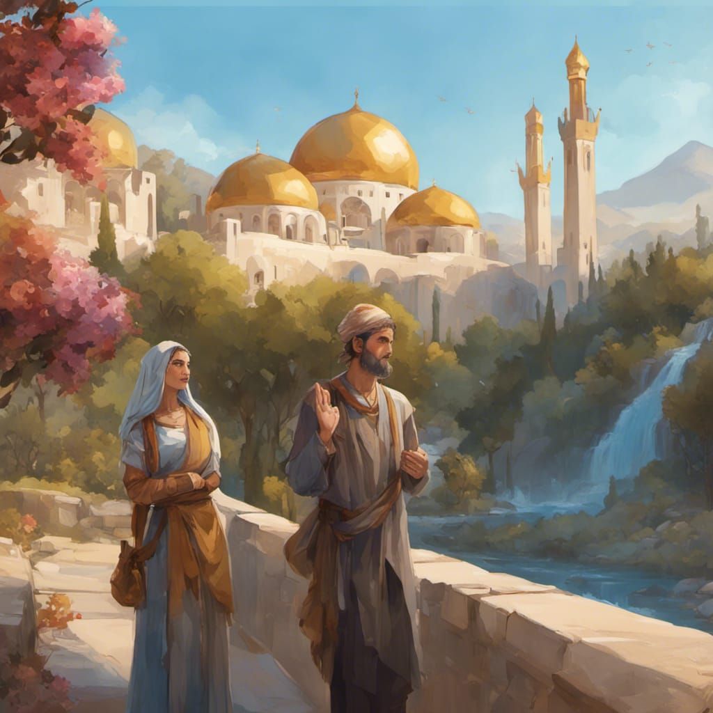 Persian Town with Golden Domes and Tourists