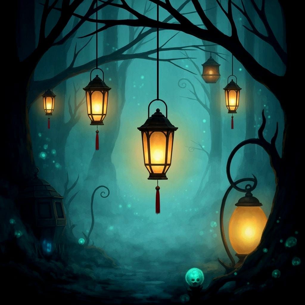 Mystical Lanterns in High Fantasy Landscape