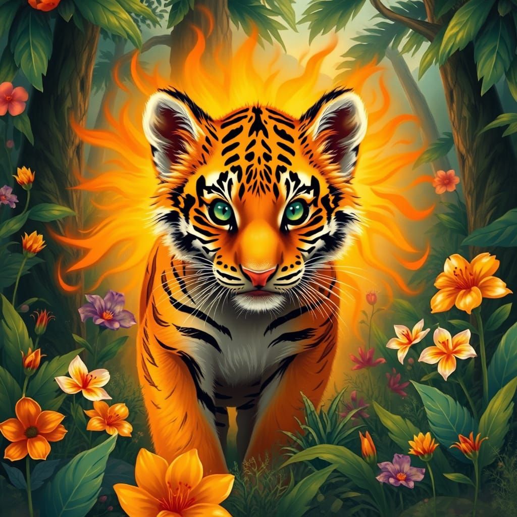 Majestic Tiger Cub in Vibrant Jungle Paradise