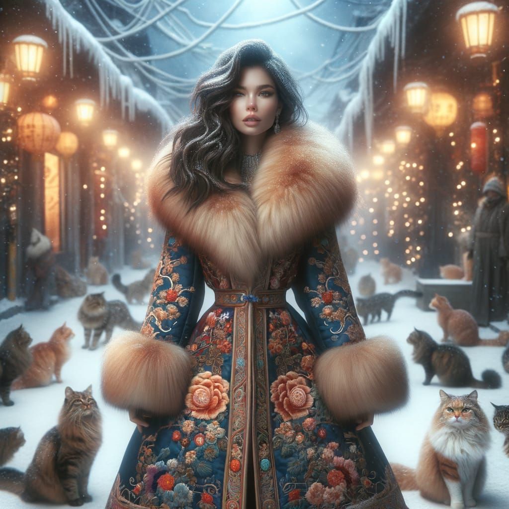 Hispanic Woman in Ornate Chinese Coat with Cats in Snowy Str...