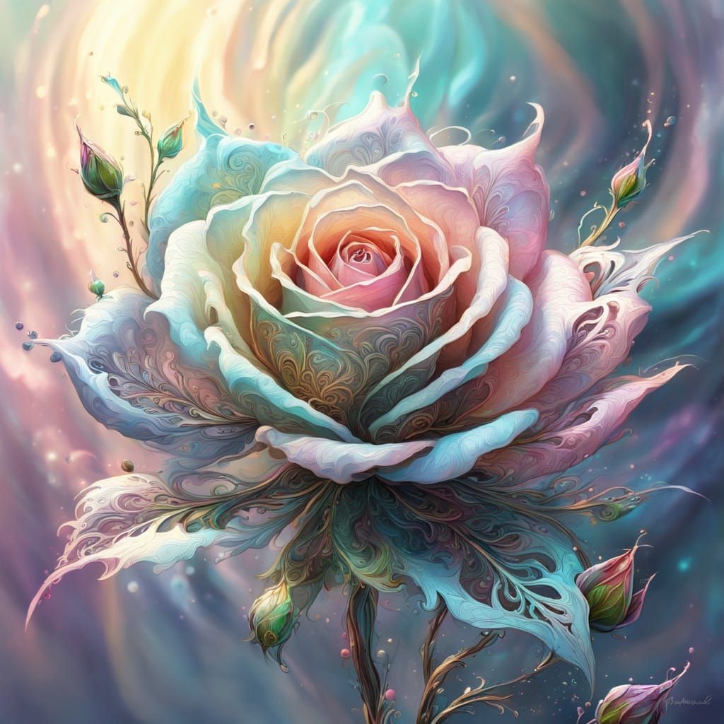 Whimsical Pastel Filigree Rose in Intricate Ink Art