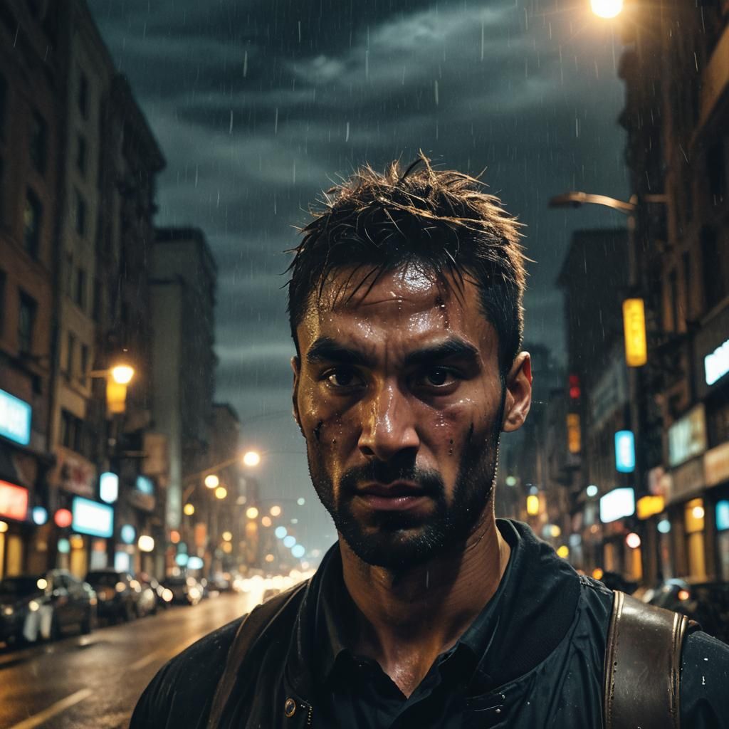 Dramatic Portrait in Stormy Cityscape
