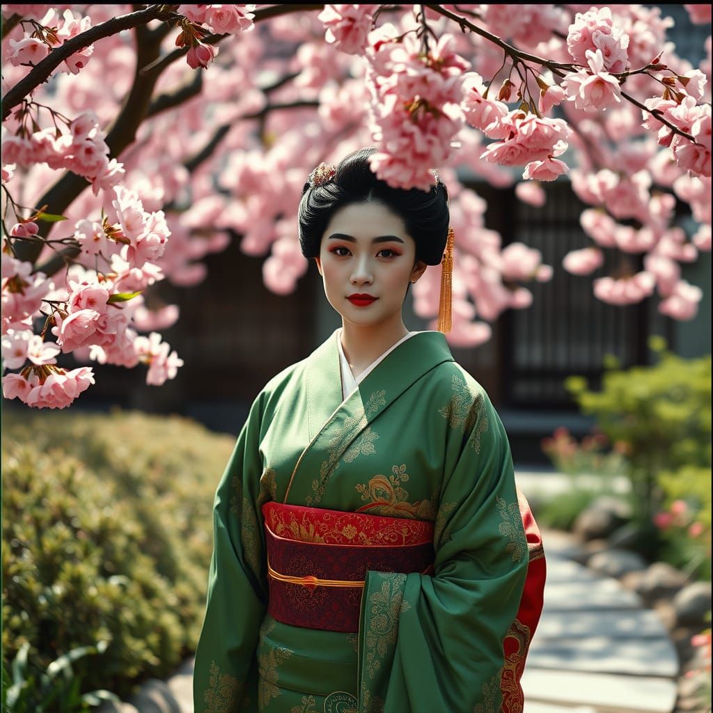 Serene Geisha in Whimsical Cherry Blossom Garden