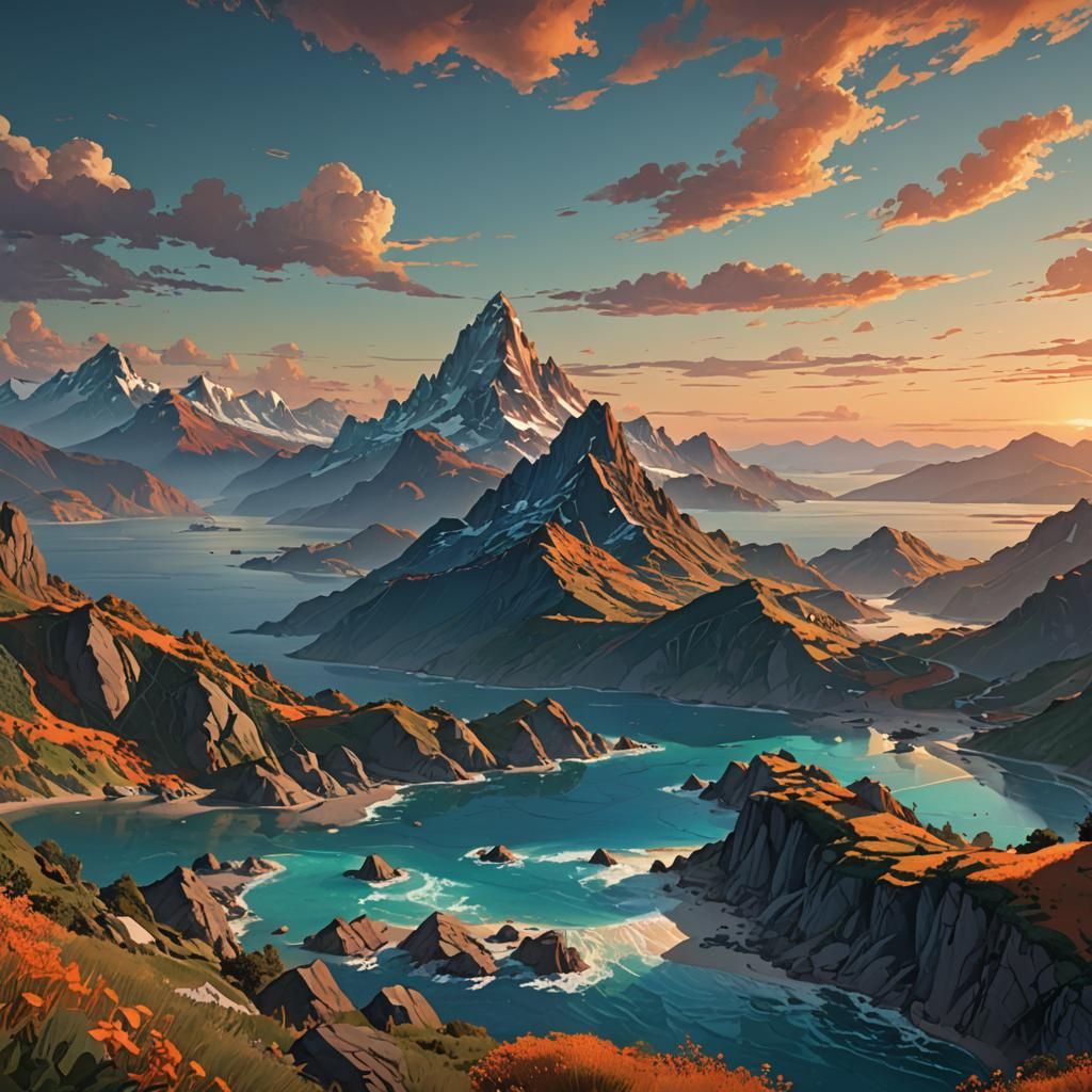 Mountainscape at Dusk: Hyperdetailed Concept Art