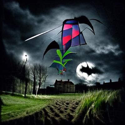 Ominous Night Scene: Kite Flying and Weed Planting
