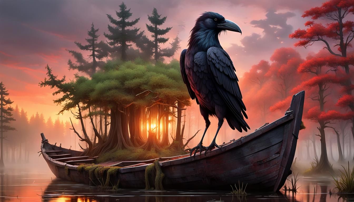 Majestic Raven Navigates Misty Swamp River in Eerie, Atmosph...