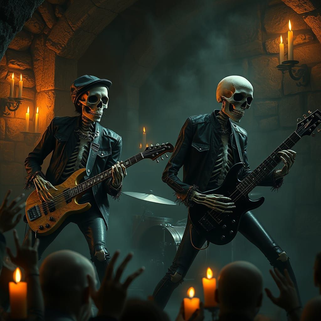 Skeletal Heavy Metal Band Performs for Ghostly Audience in C...