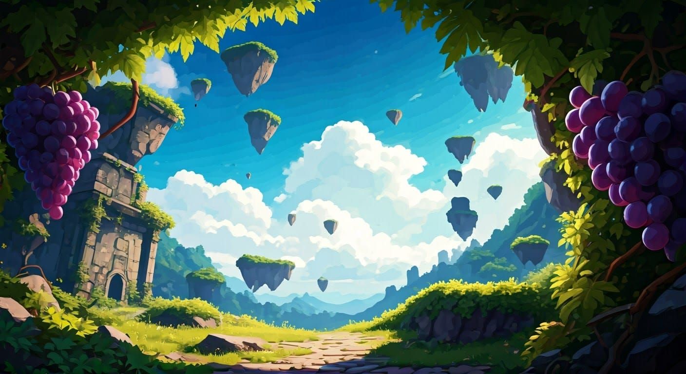 Surreal Vines and Grapes in Weightless, Dreamlike Sky