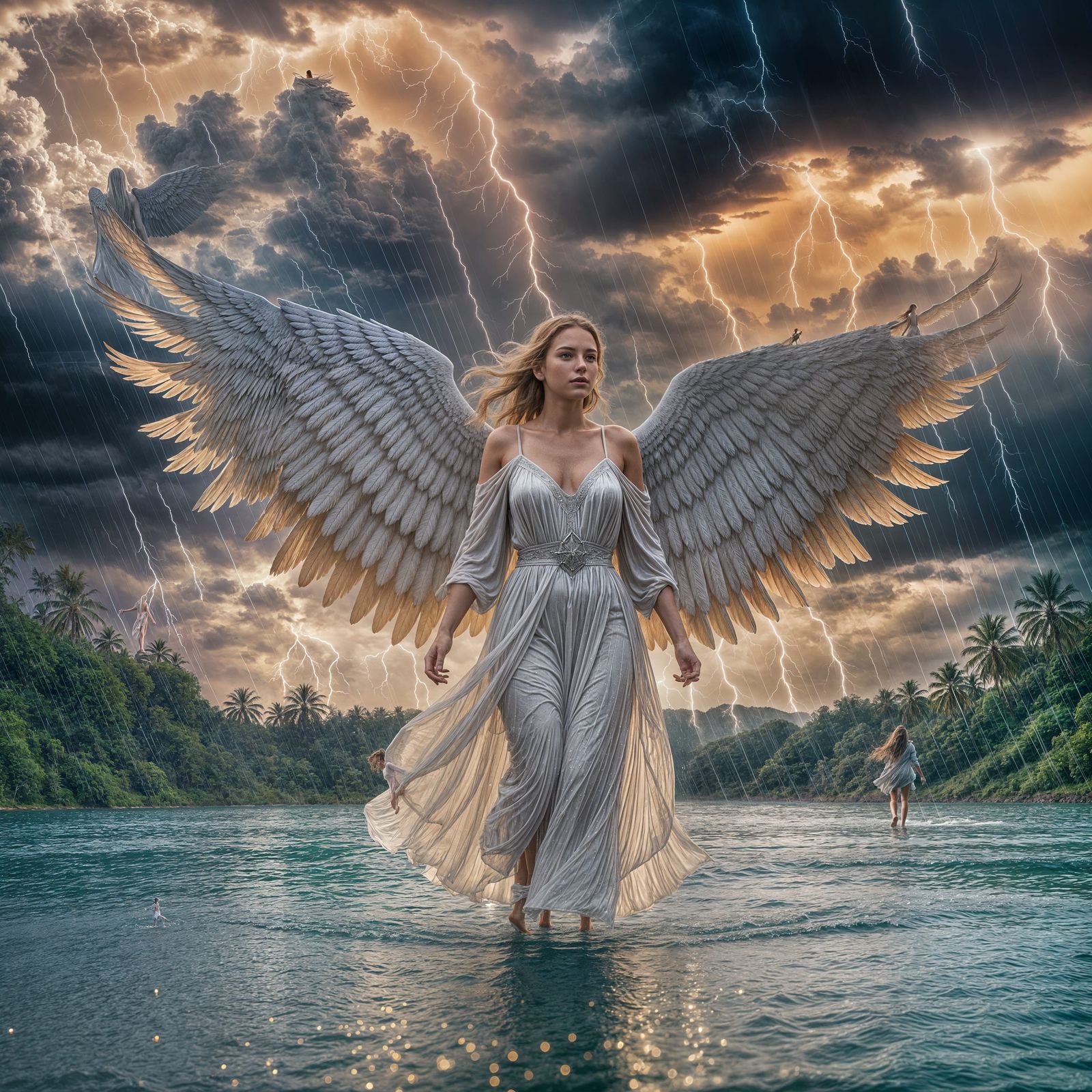 Realistic Heavenly Angel Walking on Water with Huge Wings