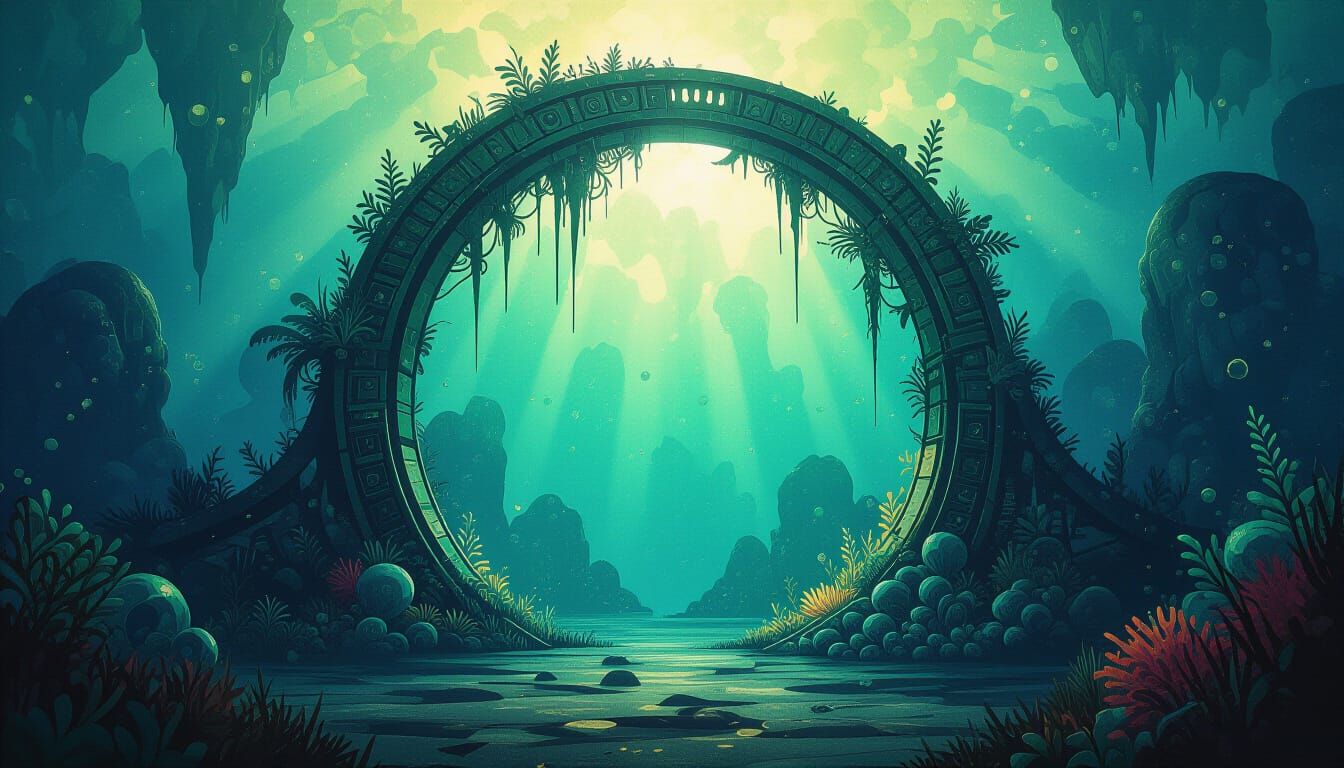 Eerie Bioluminescent Portal Gate in Graffiti Style