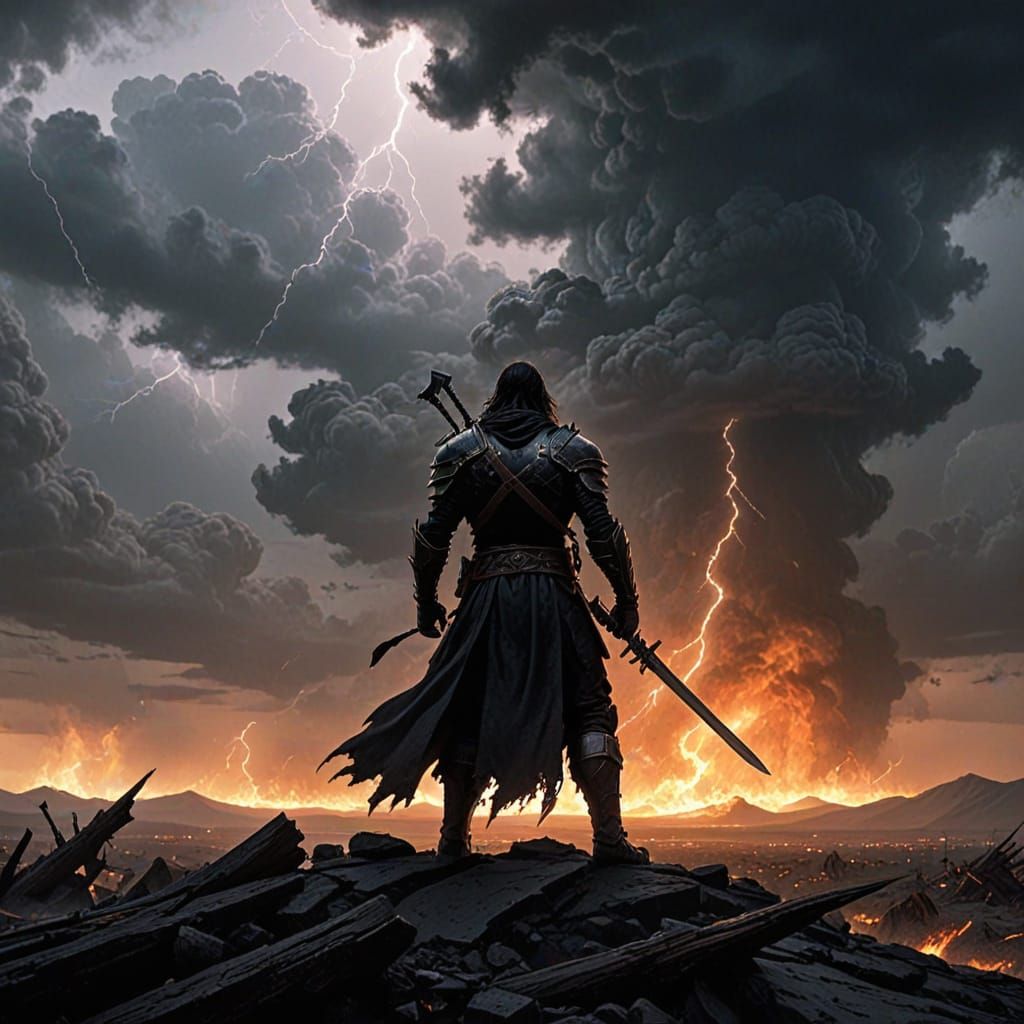 Epic Fantasy Warrior Against Fiery Battlefield