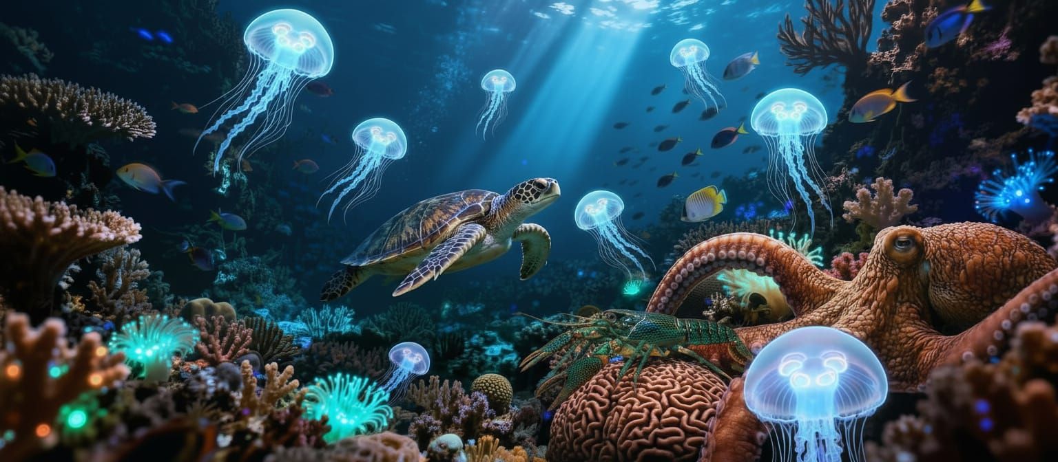 Vibrant Coral Reef with Bioluminescent Marine Life
