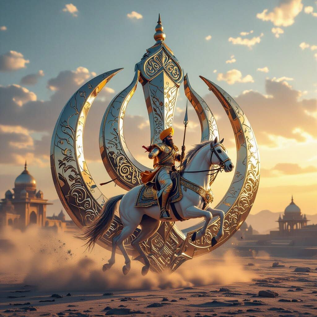 Sikh Warrior on Stallion Charging Through Holographic Khanda