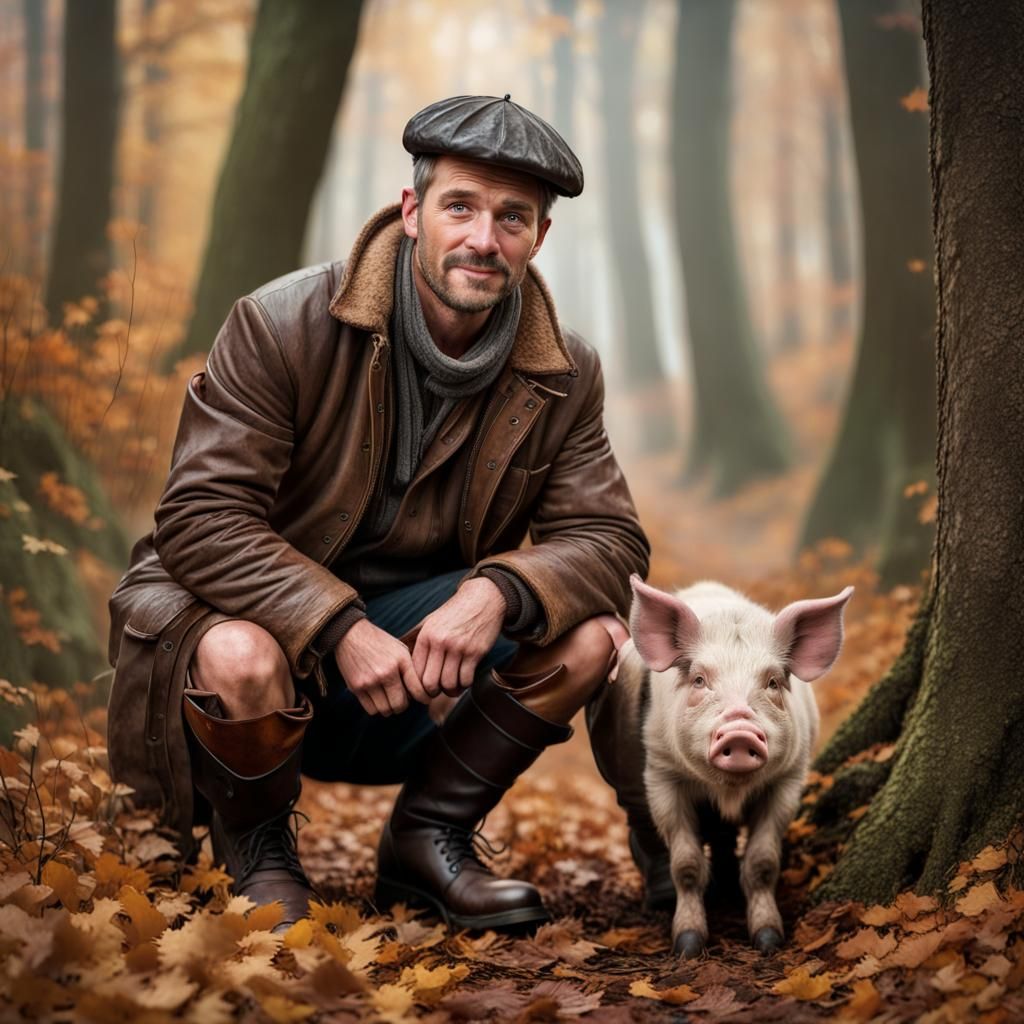 Truffle Gatherer and Pig in Autumn Woods